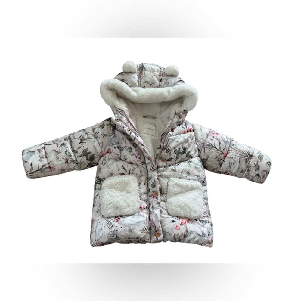 Baby Girl White Pink Floral Puffer Jacket with cute fur ears and pockets. Zipper